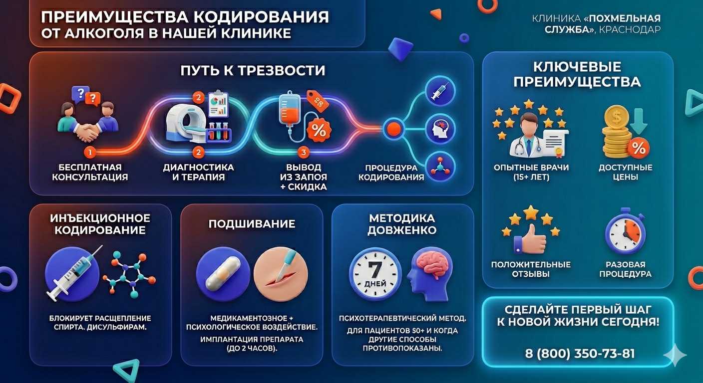 Инфографика о методах кодирования от алкоголя в Тацинской: инъекции, подшивание, метод Довженко. Преимущества клиники и этапы лечения.
