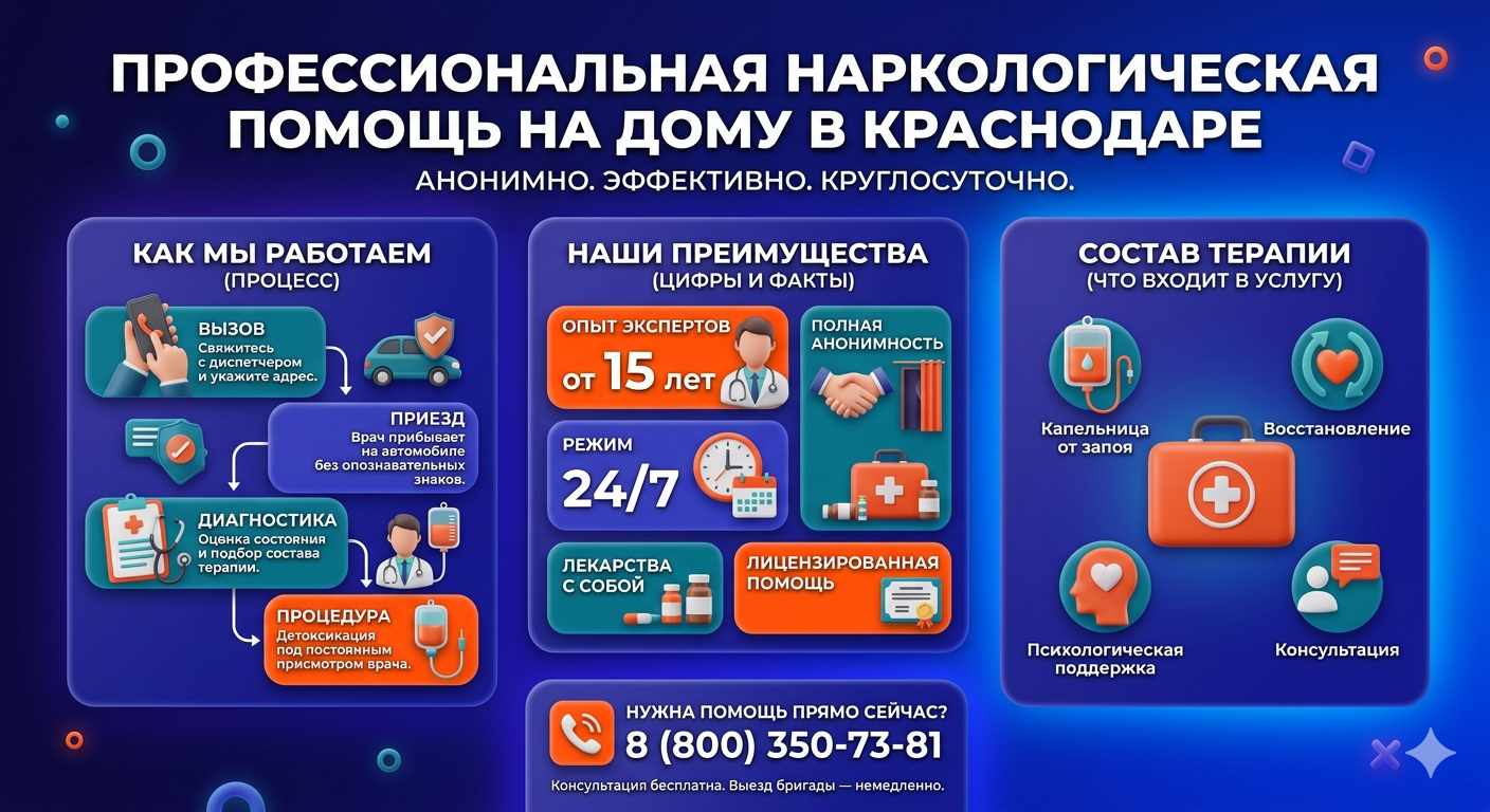 Инфографика о принципах лечения алкоголизма на дому в Тацинской: этапы вызова нарколога, преимущества анонимной детоксикации и состав медицинской помощи.